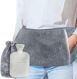 Wearable Hot Water Bottle Belt with Fluffy Fur Waist Cover, Wrap Around Hot Water Bottle Holder Soft PVC Leakproof Water Bag for Stomach, Waist, Back, Tummy and Shoulders