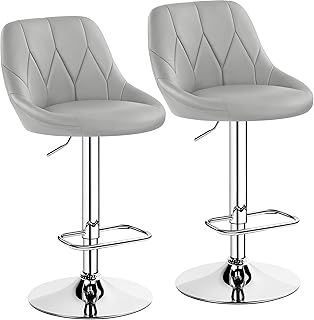 Yaheetech Modern Bar Stools Set of 2 Height Adjustable Swivel Chair with Backrest Chrome Footrest for Breakfast Counter Home Kitchen Light Grey