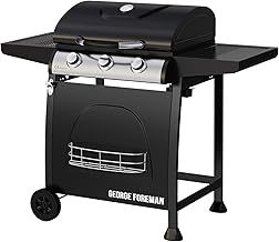 George Foreman 3 Burner Gas BBQ with Automatic Ignition & Integrated Thermometer, Black, Gas Barbecue, 2 Wheels Fitted Rack with 2 Shelves GFGBBQ3B