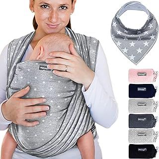 Makimaja - 100% Cotton Baby Wrap Carrier - Light Grey with Stars - Shoulder Strap for Newborns and Babies Up to 15 Kg - Includes Storage Bag and Bib