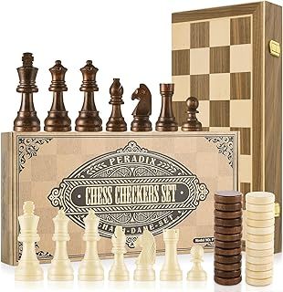Peradix Chess Set and Draughts Board Games 2 in 1 Set | 15" Magnetic Foldable Wooden Chess Checkers Board | 2 Extral Queen | Educational Toy Set for Adults and Kids