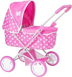 Baby Pram | Pink & White Polka Dot Printed Pushchair | Kids Travel System With Adjustable Hood & Under Seat Storage | Pushchair & Pram Toys For Kids Boys & Girls Ages 3+