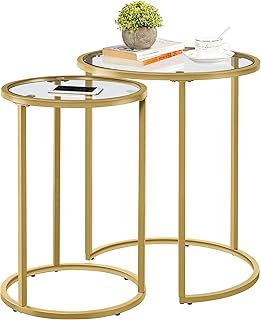 Yaheetech Round Nesting Coffee Tables Set of 2, Glass Top Side Table End Tables with Metal Frame for Living Room Bedroom Office, Gold