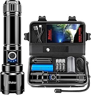 Blukar LED Torch, 500000 Lumens Super Bright Torches Led - Adjustable Focus, 5000 mAh, IP67 Waterproof, Powerful Long Lasting Handheld Flashlight for Power Cuts, Camping, Hiking, Emergency etc.