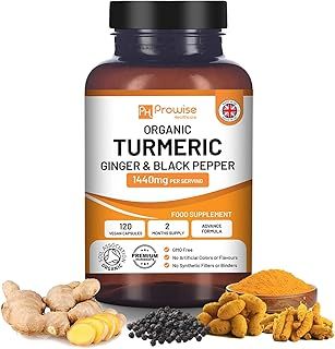 Organic Turmeric Capsules High Strength 1440mg | 120 Capsules with Black Pepper, Ginger & Active Ingredient Curcumin (2 Month Supply) | Turmeric Capsules High Strength Made In UK by Prowise Healthcare