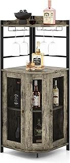 TANGZON Corner Bar Cabinet, 2 Mesh Doors Wine Cabinet with Glass Holders, Adjustable Shelf & Anti-Tipping Devices, Industrial Liquor Drinks Storage Sideboard for Home Bar Kitchen Cellar (Oak Grey)