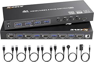 HDMI KVM Switch 4 Computers 4K@60Hz 2K@120Hz, Simulation EDID, MLEEDA 4 Port USB3.0 KVM Switches for 4 PC Share 1 Monitor and Keyboard Mouse Printer,with Wired Remote,12V Power Adapter and 5 Cables