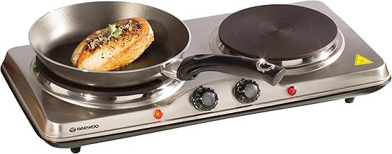 Daewoo Stainless Steel Dual Hot Plate - Portable & Compact - Cast Iron Heating Element - On/Off Indicator Lights - Non-Slip Feet - Durable Stainless Steel Housing - Black/Silver