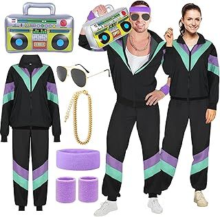 90s 80s Fancy Dress Men Women with Accessories 80s Shell Suit 80s 90s Fancy Dress Costumes for Men Couples Stag Do Outfit Disco 80s Dress up Costume Hip Hop Retro Tracksuit Adult Jacket Trouser (L)