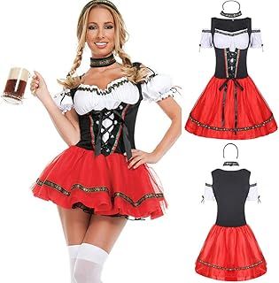 Yellsong Women's Oktoberfest Costume Set - Adult Ladies Oktoberfest Beer Festival Girl 3 Piece Beer Maid Costume - German Dirndl Dress - Bavarian Traditional Dress Outfit (Red, S)