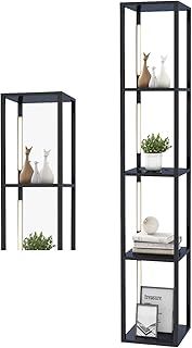 TANGZON Floor Lamp with Shelves, 4 Layers Wooden Shelf Dimmable Standing Light with 360° Rotatable Led Poles, Tall Reading Lamp for Bedroom Living Room Office Home Decoration