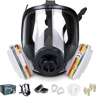 Full Face Respirator Gas Mask RHINO RH-7011 for Organic Vapor, Chemical, Sanding, Dust, Paint Spraying (+ Acid Gas) Including Replacement Filters and Protection Gloves