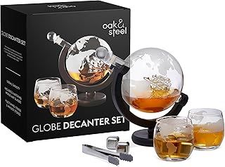 Oak & Steel - Large 1500ml World Globe Whiskey Decanter Sets for Men - Wine Decanter Set with Glasses of 2, Whiskey Stones, Ice Tong & Stand for Whiskey, Bourbon, Vodka, Tequila - Ideal Gifts for Men