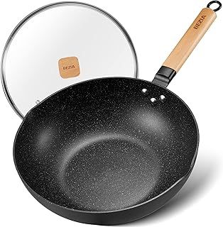 BEZIA Nonstick Wok with Lid, 30cm Wok Induction, Non Stick Wok Pan, Stir-Fry Wok with Flat Bottom, Removable Wooden Handle, Compatible All Stoves