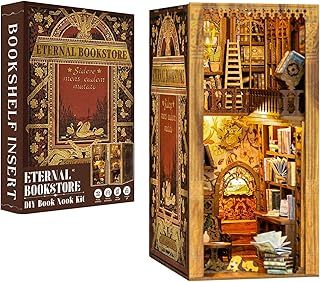 CUTEBEE Book Nook Kit, DIY Miniature Dollhouse Booknook Kit with Dust Cove and Led Light, 3D Wooden Library Model kits to Build, Bookends Bookshelf Decor Gift for Adults(Eternal Bookstore)