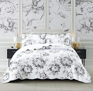 BQC Quilted Bedspread Bed Throw Comforter Embroidered Machine Washable 3 Pcs Printed Bedding Set with 2 Pillow Shams (Vintage Grey, King)