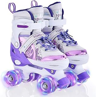 TOMSHOO Roller Skates for Children Junior, 4 Sizes Four Wheel Roller Boots Built In Adjuster, Luminous Wheels High-Top Shoes For Kids Gifts Indoor Outdoor