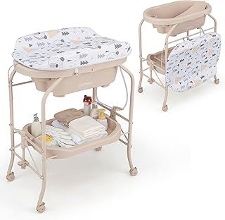 COSTWAY 4 in 1 Baby Changing Table, Folding Infant Nursery Station with Bath Tub, 4 Universal Wheels, PVC Pad and Storage Tray, Portable Newborn Massage Tables Diaper Organizer