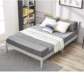 Panana Double Bed Frame with Headboard, Solid Wood 4FT6 Bed Frame for bedroom, dorm room etc. (Gray + Wood)