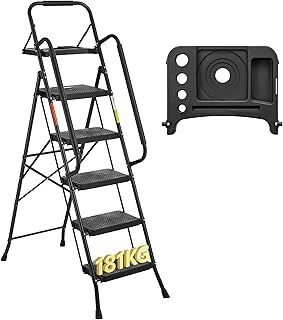 5 Step Ladder with Wide Anti-Slip Pedals, Folding Step Stool Capacity 150KG, Sponge Handrail, Strong and Solid Portable Ladder Suitable for Home, Kitchen, Pantry, Indoor/Outdoor Use