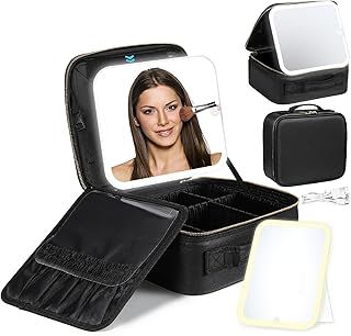 Luxspire Makeup Bag with LED Mirror, Travel Makeup Case with light 3 Setting Removable Compartments Cosmetic Organiser Bag Makeup Train Case Storage Bag Vanity Case for Women Makeup Tools Brush, Black