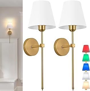 Battery Operated Wall Light Set of 2，Fabric Wall Sconce Adjustable Angle Lighting not Hardwired Fixture，with Remote Dimmable LED Bulb for Farmhouse Interior Wall Decor (Color : Gold)