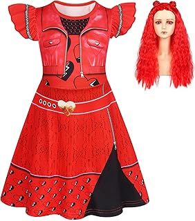 Berich Rise of Red Descendants Costume World Book Day Costumes for Girls Red Dress Red Princess Fancy Dress up with Classic Wig