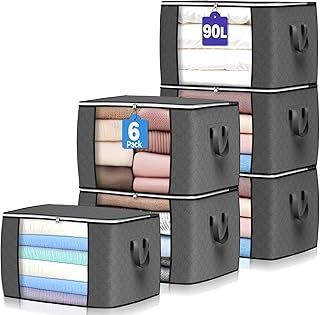 Budding Joy 6 Pack 90L Storage Bags, Large Clothes Storage Bags with Zips Durable Handles Thick Fabric for Clothes, Bedding, Blankets, Comforters and Toys (Grey)