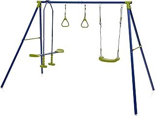 GYMAX Kids Swing Set, Metal Swing A-Frame with Swings, Outdoor Children Playground Playset for Garden, 250kg Weight Capacity (3 in 1 with Glider and 2 Gym Rings)