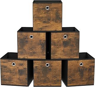 SONGMICS Storage Cubes, Set of 6 Storage Bins with Handle, Oxford Fabric and Non-Woven Fabric Storage Boxes, 26 x 26 x 28 cm, Fit Cube Storage Unit, Foldable, Rustic Brown and Black RFB126B01