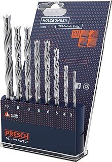 Presch Wood Drill Bit Set HSS Cobalt 8 pcs - Cobalt Alloyed HSS Wood Drill Bits for All Types of Wood - Durable Professional Wood Twist Drill Bit Set - Ø 3-10mm
