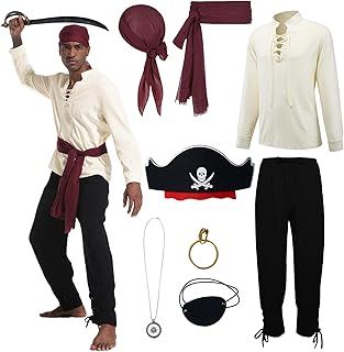 AJGEGJE 8 Pcs Pirate Costume Adult Men, Pirate Costume Accessories with Renaissance Shirt, Pants, Headscarf, Belt, for Halloween Cosplay Party