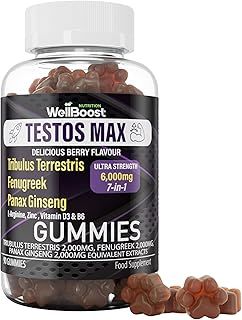 Testos MAX Strength Gummies - 6000mg 7-in-1 Tribulus, Fenugreek, Ginseng, L-Arginine, Zinc, Vitamin D3 & B6 - Vegan, Sugar-Free, Berry Flavour - Supports Muscle Growth & Vitality for Adults