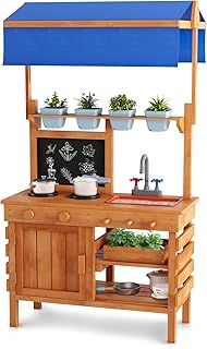 COSTWAY Mud Kitchen, Fir Wood Outdoor Kitchen Playset with Adjustable Canopy, Sink, 4 Pots, Chalkboard, Kids Potting Bench for Boys Girls Ages 3+