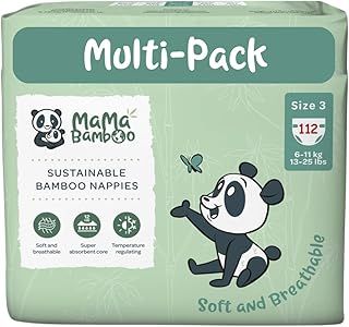 Mama Bamboo - Sustainable Bamboo Nappies - Soft Breathable Bamboo Viscose - Super Absorbent Core - with Leak Free Elasticated Panels - Size 3 (6-11kg) x 112 Nappies