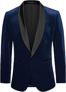 GRACE KARIN Men's Blazers Velvet Shawl Collar One Button Slim Fit Suit Jacket for Wedding Prom Party