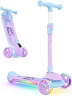 BELEEV Scooter for Kids with Light-Up Wheels & Deck, 3 Wheel Folding Scooter for Toddlers Girls Boys, 4 Adjustable Height, Non-Slip Pattern Deck, Lightweight Kick Scooter for Children Ages 3-12