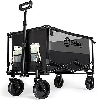 Sekey Folding Wagon with 220LBS Large Capacity,Heavy Duty Beach Wagon Cart on Big All-terrain Wheels,Collapsible Trolley Cart with Adjustable Handle & Drink Holders.Black&Grey