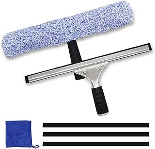 6Pcs Professional Window Cleaning Equipment, 14 inch Silicon Squeegee & Microfiber Scrubber with 3 Rubber Strips & Microfiber Cloth, Window Cleaner Tool Kit for Shower Glass Mirror Door Car