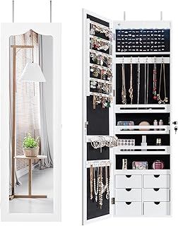 Multigot 5 LED Lights Jewellery Cabinet, Hanging or Wall Mounted Ornament Armoire, Full Length Mirror Lockable Makeup Storage Organizer (White)