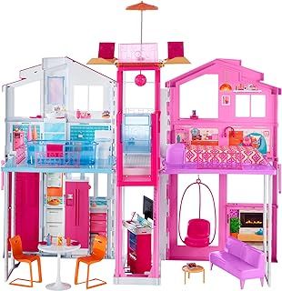 Barbie 3-Story Townhouse Dollhouse with Elevator, Swing Chair, Furniture and Accessories, Fold for Portability and Travel, DLY32