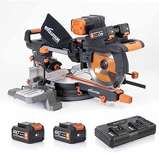 Evolution Power Tools R255SMS-DB-Li Cordless Brushless Double Bevel Double Battery Sliding Mitre Saw 2x18v Li-Ion EXT Multi-Material Blade Cuts Wood Metal Plastic, 255mm - Batteries & Charger Included