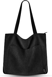Prite Corduroy Tote Bag for Women Large Shoulder Bag with Zipper and Pockets for College School Work Travel Shopping-Black