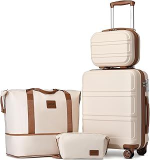Kono 4-Piece Luggage Set, Lightweight ABS Hardshell 12" and 20" Carry-On Cabin Suitcases with TSA Lock, Includes Duffle Bag and Toiletry Bag (Beige/Brown)