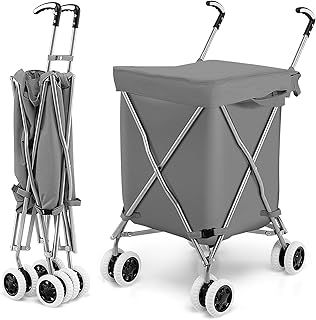 COSTWAY 90L Folding Shopping Trolley, 8-Wheel Large Utility Push Cart with Removable Waterproof Bag and Cover, Metal Lightweight Rolling Grocery Trolley for Mobility (Grey)