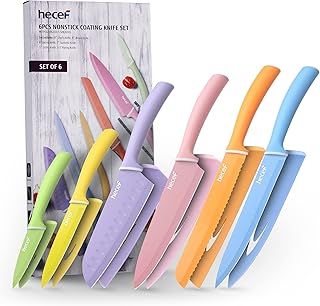 hecef Kitchen Knife Set of 6, Stylish Colorful Non-Stick Coating Blade, Sharp Stainless Steel Knife Set – Elevate Your Kitchen Aesthetics