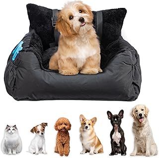 Supernic Plush Dog Car Seat for Small Dogs & Cats, Cosy Pet Travel Bed with Safety Leash, Storage Pocket & Non-Slip Base, Ideal Car Dog Seat for Secure Travel (Black, 50x50x20cm)