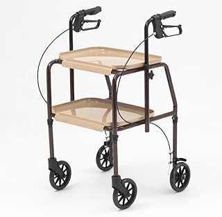 Indoor Mobility Trolley rollator Walking Frame with Trays and Brakes 4 Wheels Walker (Brown/Beige)