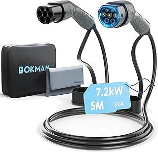 bokman Type 2 EV Charging Cable, Mode 3 / 32A / 7.2KW / 1 Phase / 5 Meter, Electric Vehicle Car Plug-in Hybrid Type 2 to Type 2 Fast Charging Cable