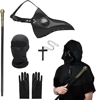 MAINOSHY 6PCS Plague Doctor Mask Costumes Set, Halloween Mask Long Nose Bird Beak Steampunk Mask with Cloak Crucifixion Necklace Black Gloves Scepter Halloween Costume Props